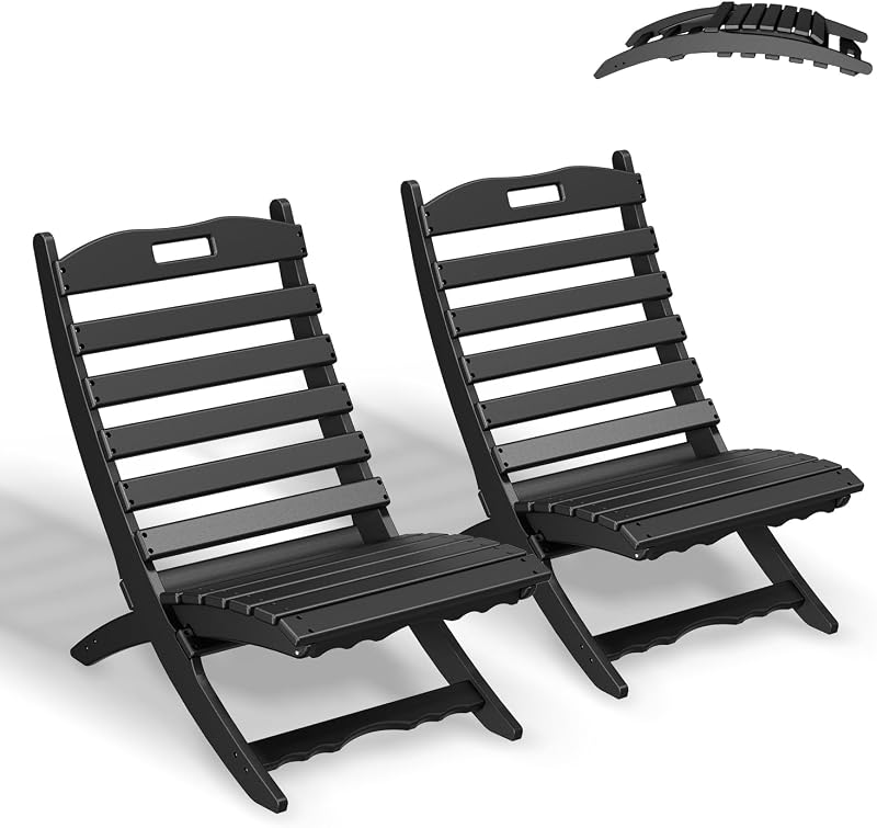 GREENVINES Folding-Xavier-Adirondack-Chairs Set of 2, HDPE Plastic, Black | No Assembly Needed | Portable | All Weather | Low Maintenance for Fire Pit Outdoor Poolside In-pool Patio Deck | Wave