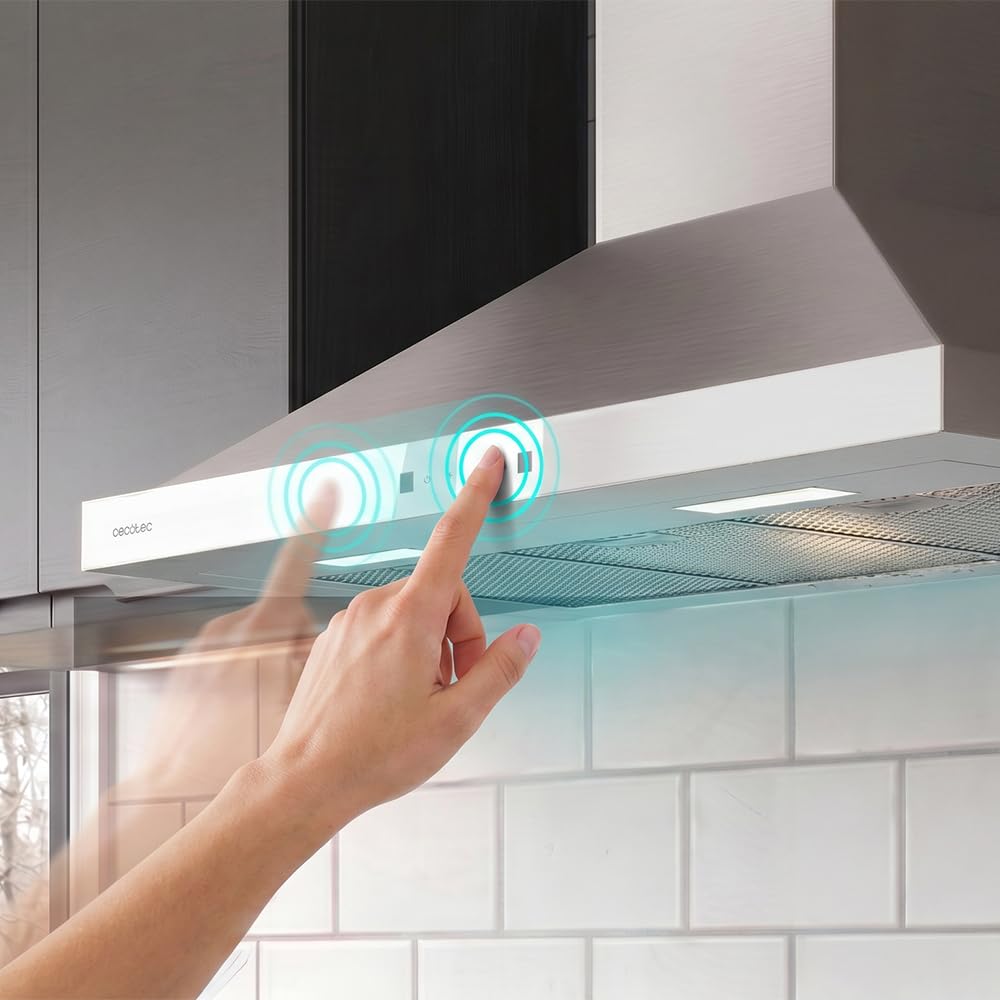 Cecotec Okap piramidalny 70 cm Bolero Flux PT 704400 Inox A+++. Przednie szkło w kolorze białym, ssanie 449,5 m³/h, niewidzialne sterowanie dotykowe, funkcja wzmacniacza, filtry zmywalne, klasa A+++