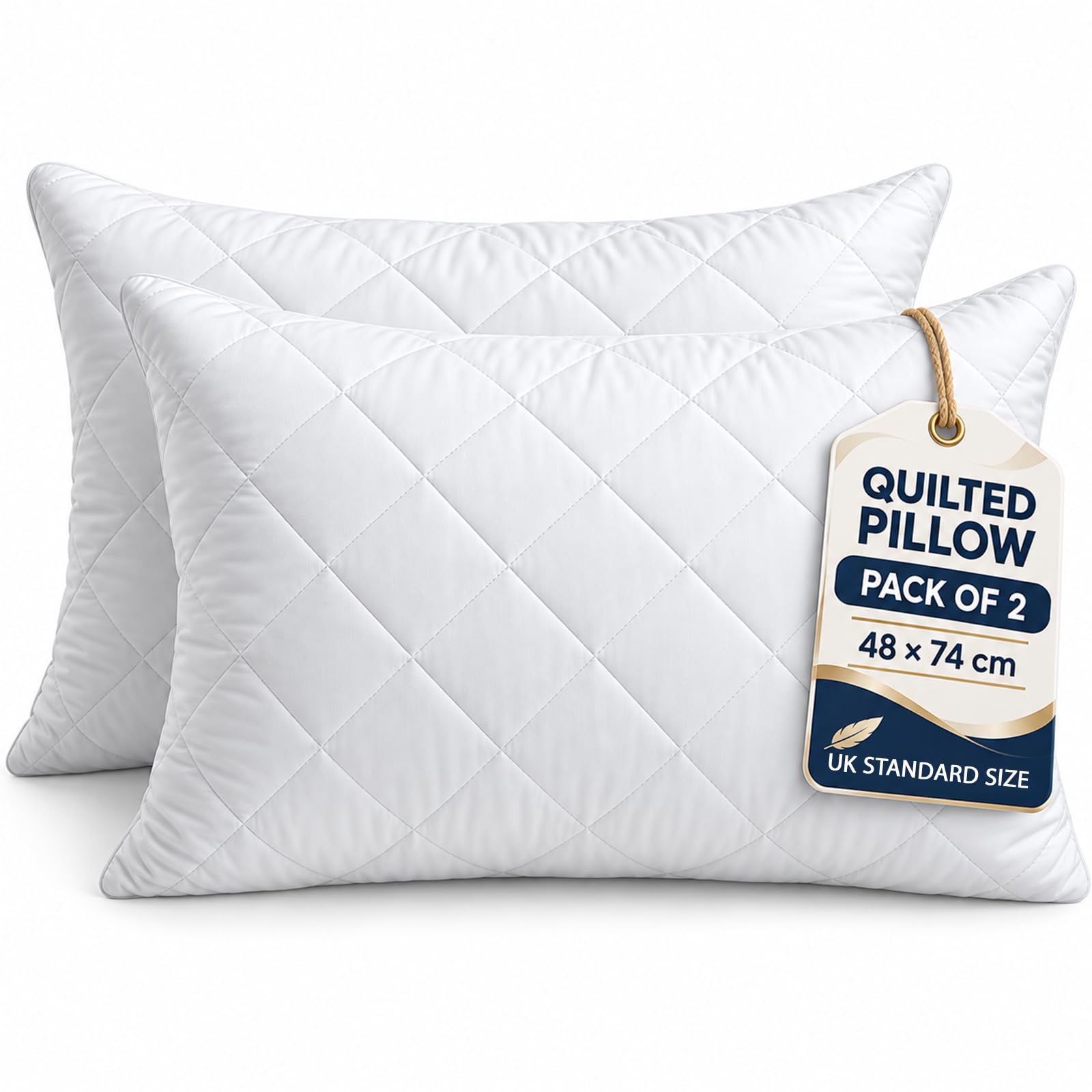 Quilted Hollowfibre Pillows Soft Bed Sleeping Pillows White 74 x 48cm