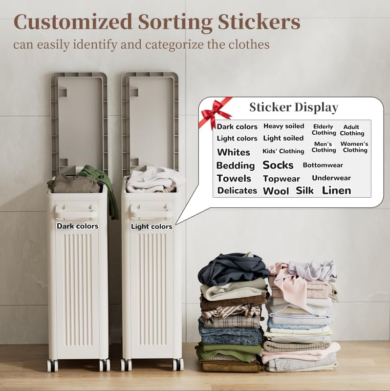 Slim Laundry Hamper with Lid 50L Rolling Basket | For One Person Laundry, Fits Narrow Corners, Behind the Door, with Handle, Lid, Wheels, Stickers for Sorting, 5-Minute Setup