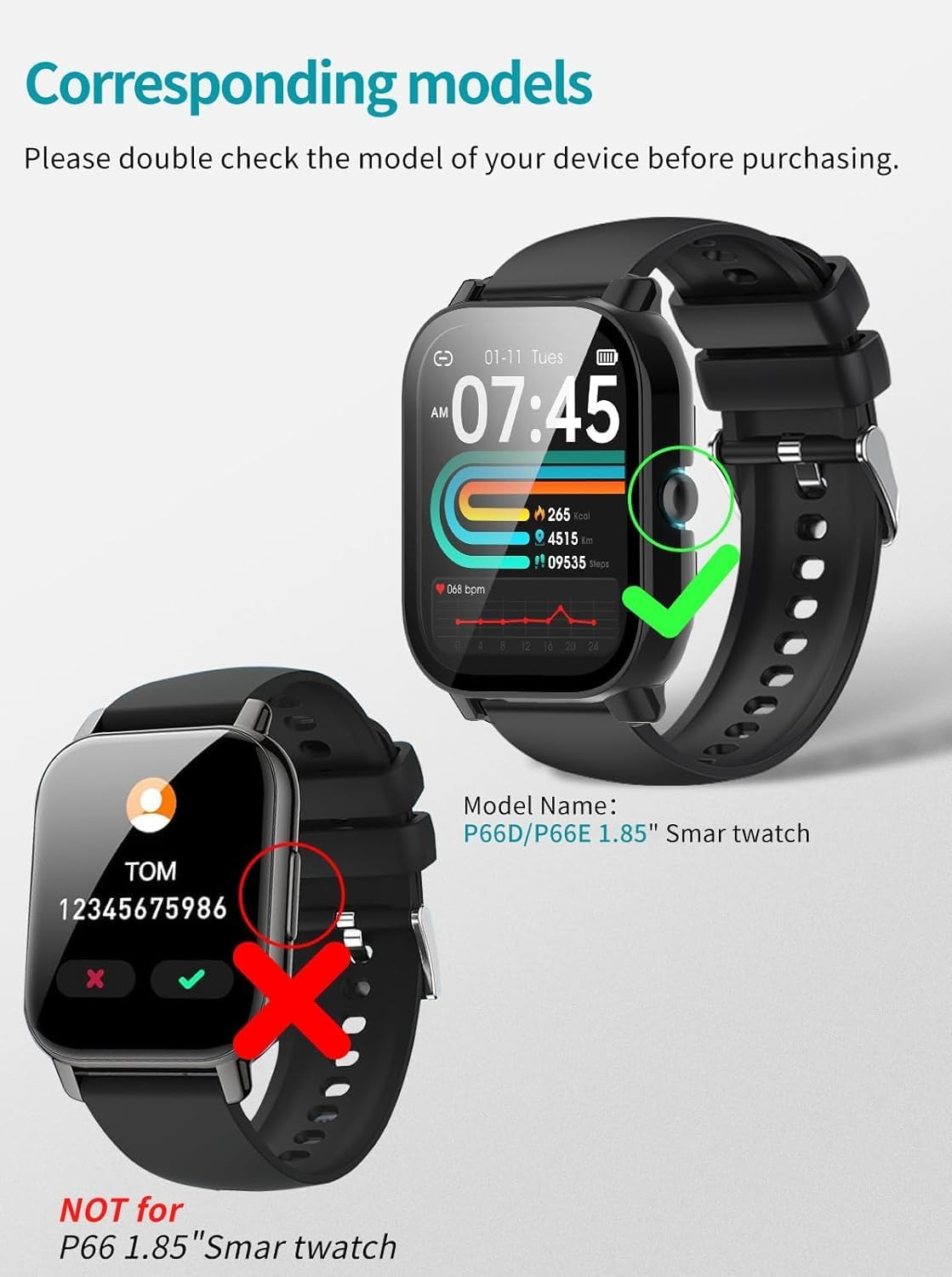 NOUKAJU 2pack Case for P66D/P66E Smartwatch 1.85inch, Protective Cover Smart Watch,Built-in 9H Tempered Glass Film Hard PC Bumper,Screen Protector for P66D/P66E Watch(Black+Clear)