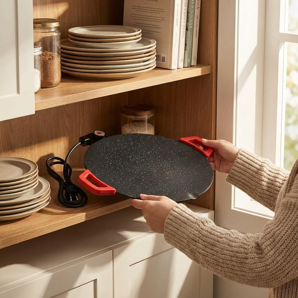 Indoor Smokeless Electric Griddle Nonstick Round Teppanyaki Grill Pan Portable Electric Griddle Indoor with Adjustable Temp for Korean BBQ, Breakfast, Camping, RV & Travel (40 cm)