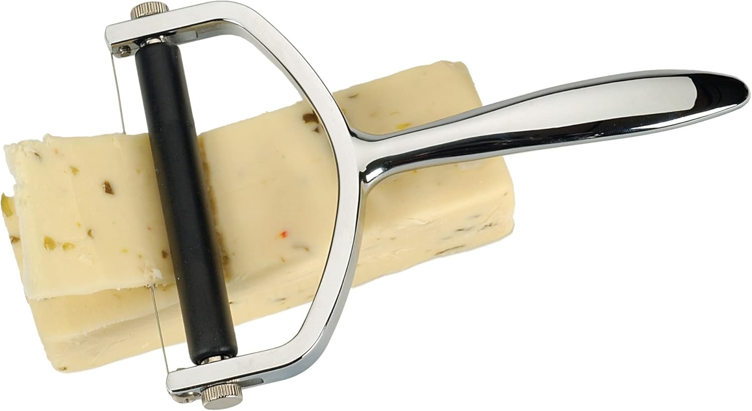 RSVP International Handheld Cheese Slicer/Shaver, Adjustable Thickness for Hard or Soft Cheeses, Heavy Duty Chrome Handle, Wire Cutter, Dishwasher Safe, 6.75-Inch Length