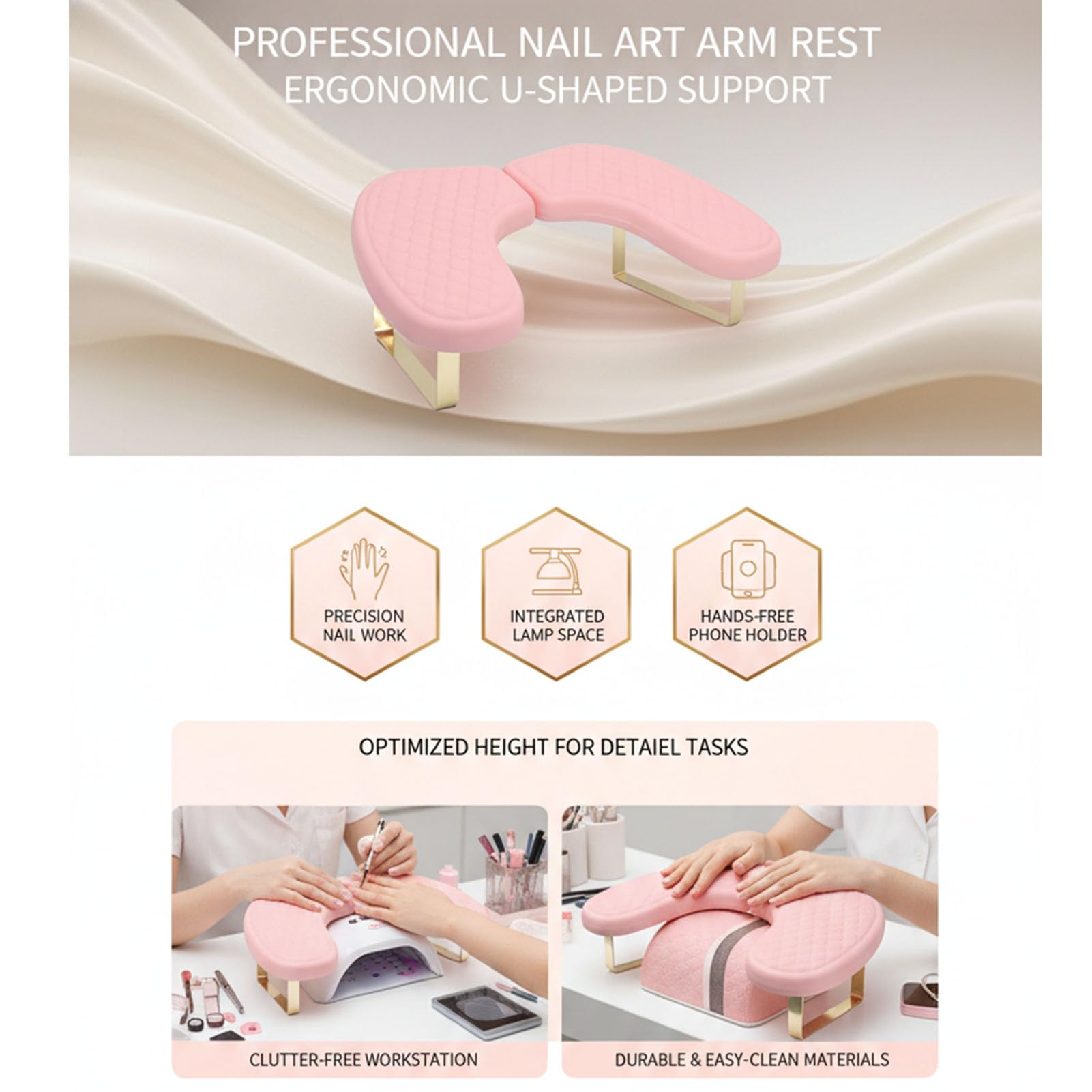 Poggiamano per Braccio per Unghie a Forma di U per Unghie, Cuscino per Poggiamano per Manicure Tech 45 Cm X 31 Cm X 18 con Cinturino per Telefono per Workstation Salon (PINK)