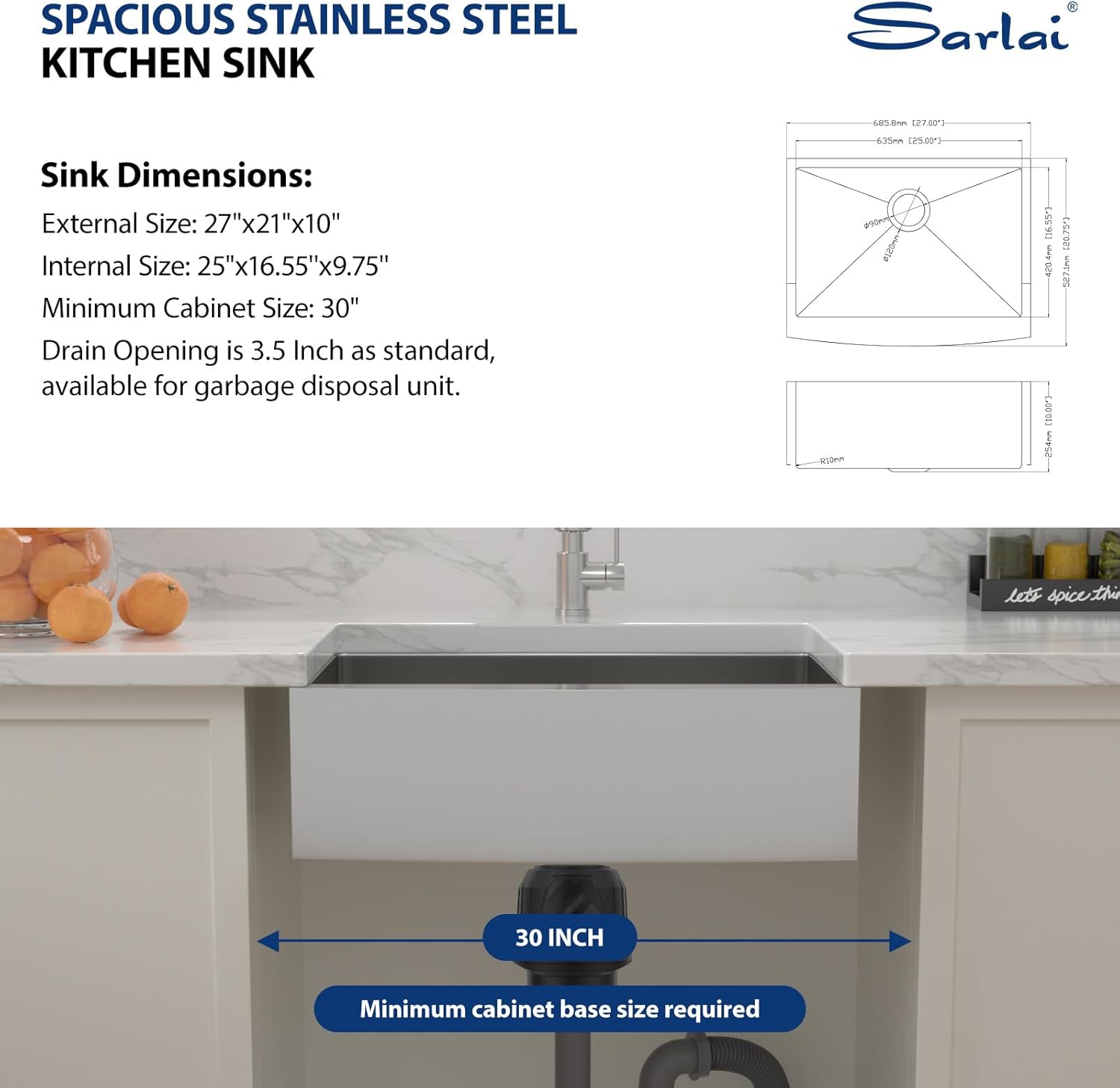 Sarlai 27 Farmhouse Sink - 27 x 21 Inch Farm Kitchen Sink Apron Front Sink Stainless Steel 16 Gauge Single Bowl Kitchen Farmer Sinks Basin