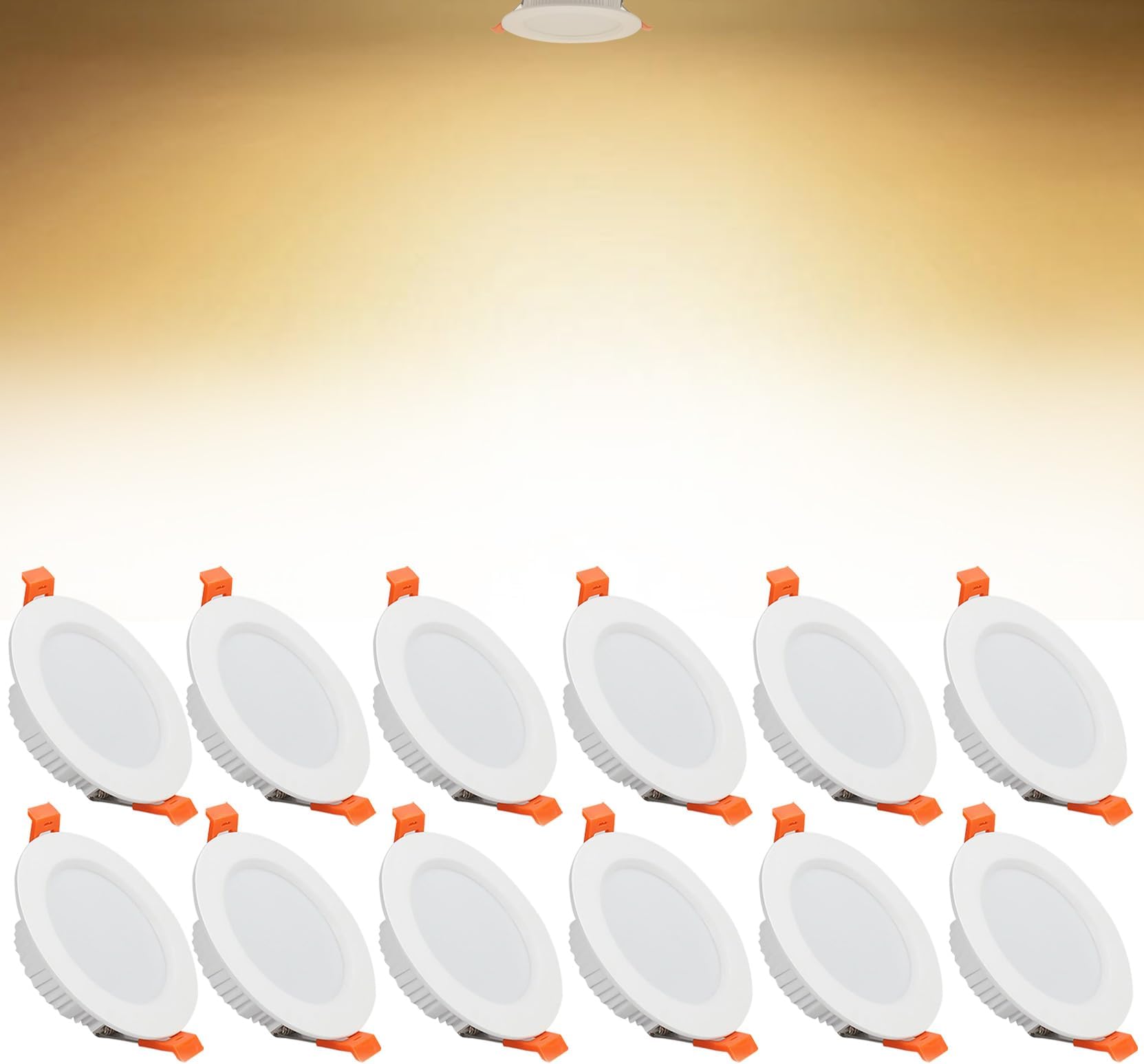 9W LED Recessed Ceiling Spotlights, 3000K Warm White Ultra Slim Panel Light, Cut Φ90-100mm, AC110-240V Round Downlights for Living Room Office, 12 Pack