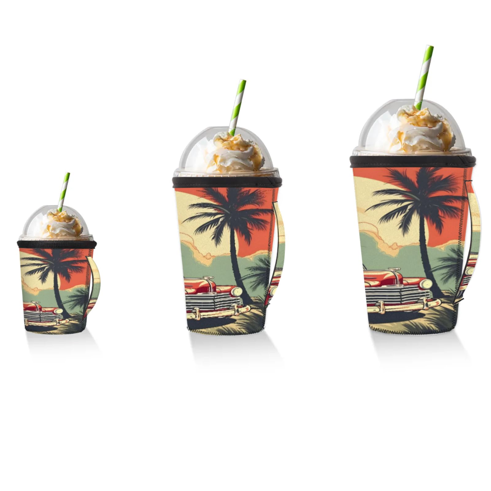 Coconut Tree Car Reusable Neoprene Coffee Sleeve with Handle Insulated Iced Coffee Cup Holder Reduces Condensation Fits 24-28 oz Cups M