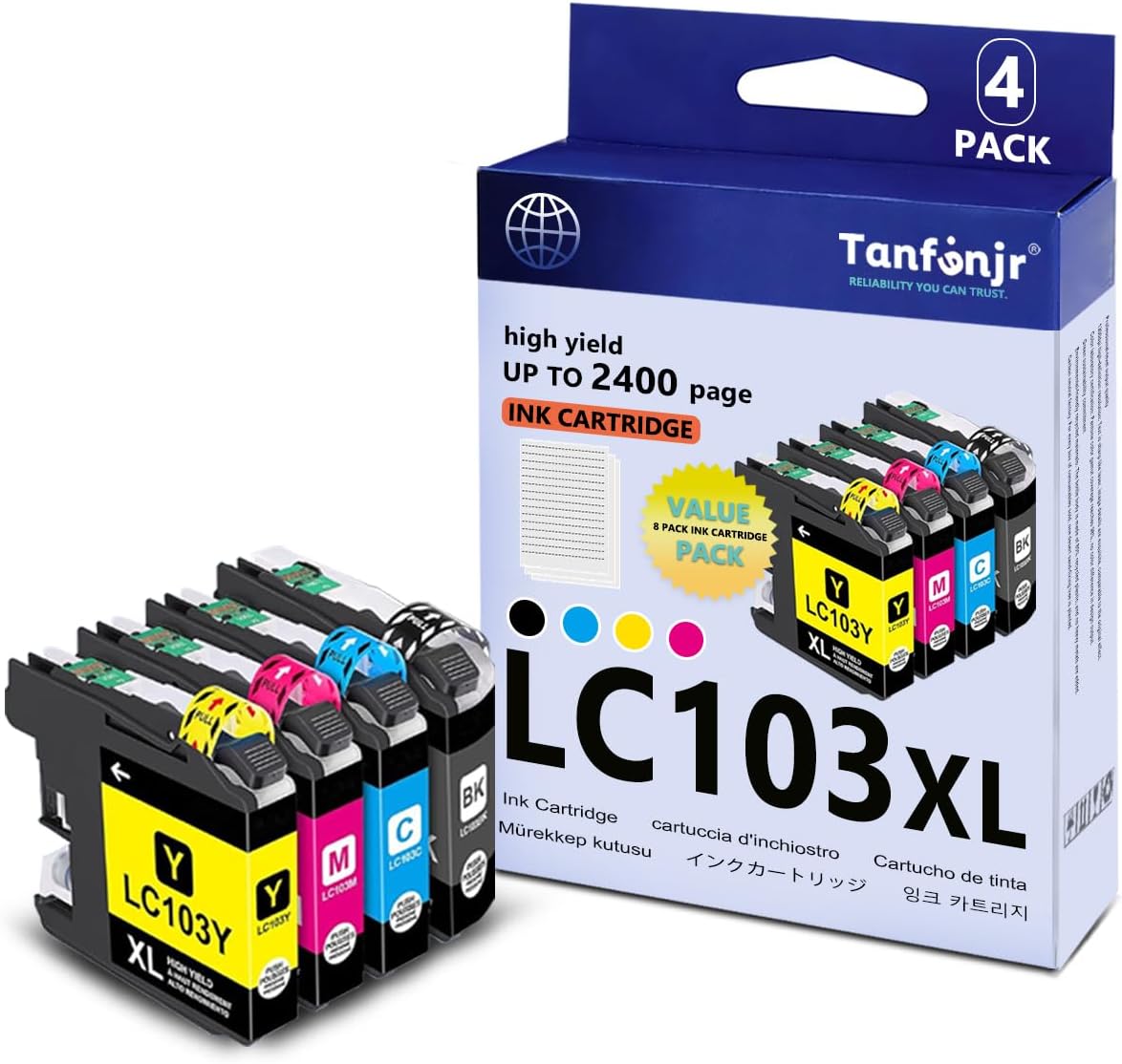 LC103XL Ink Cartridges Combo Pack 4-Pack (BK/C/M/Y) Replacement for Brother Ink LC101XL LC103 XL for MFC-J870DW MFC-J6920DW MFC-J6520DW Printer