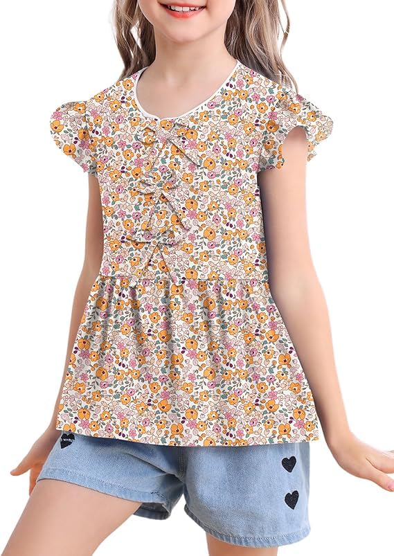 Image of Ivicoer Girls Summer Shirts Kid Flying Ruffled Short Sleeve Tops Big Girl Casual Flowy Babydoll Shirt Fashion Soft Basic Cute Button Down Shirt Comfy Clothes Classic Tops Size 5-6y 5 6 Year Old