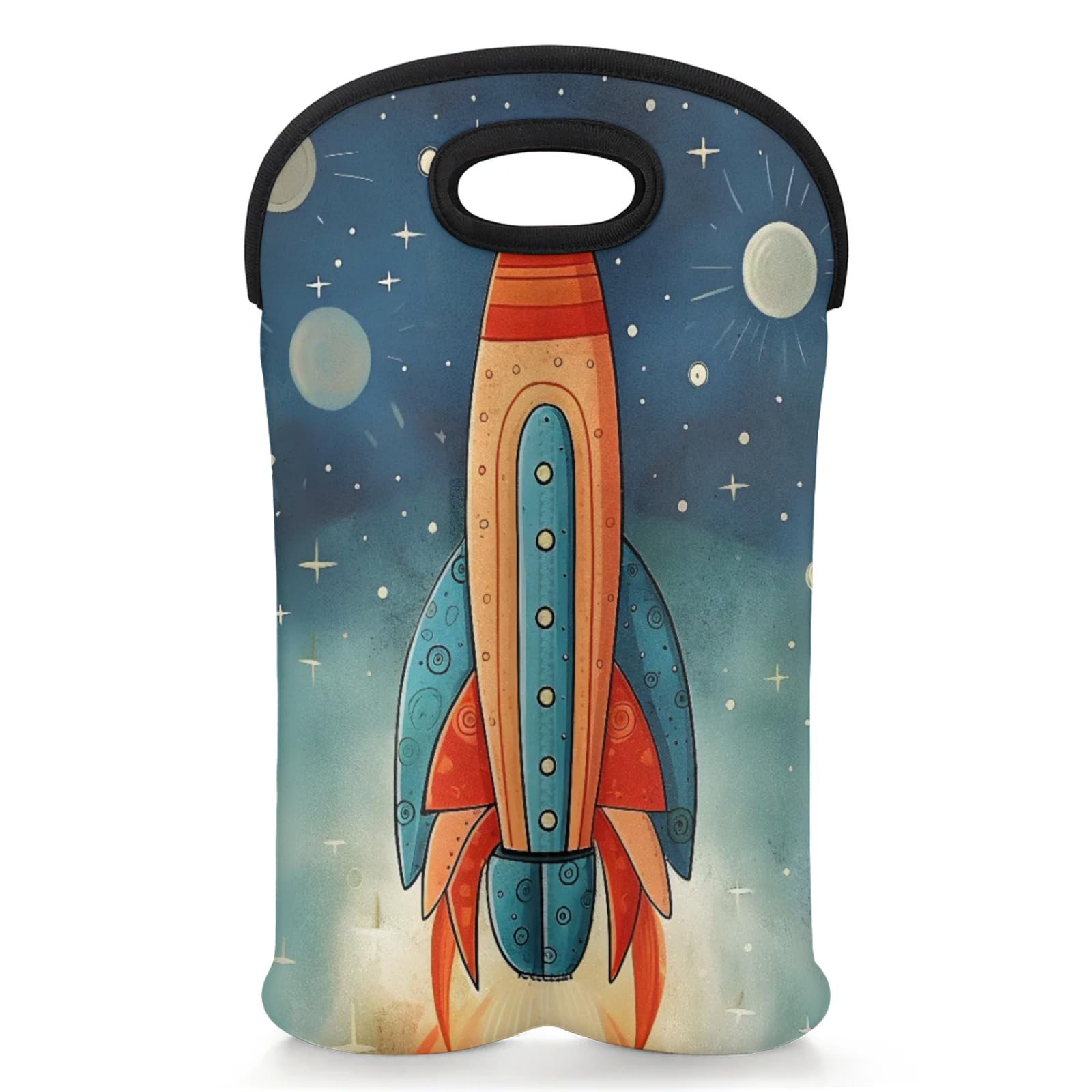GzLeyigou 2 Bottles Cartoon Rocket Wine Bag Sleeve Totes Neoprene Protective Wine Carrier Bag for Wine,Water, Champagne, Beer, Baby Bottles,Gift 14.5 x 10 Inches