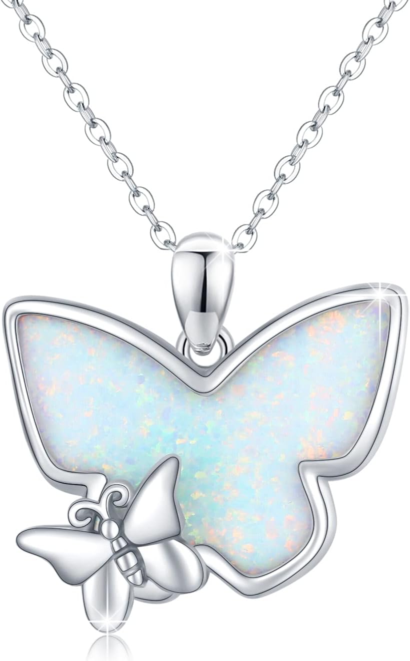 CUOKA MIRACLE Opal Butterfly Necklace for Women 925 Sterling Silver Dainty Cute Butterfly Charm Jewelry Delicate Pendant Butterfly Necklace Birthday Christmas Gift for Wife Girlfriend Mom Teen