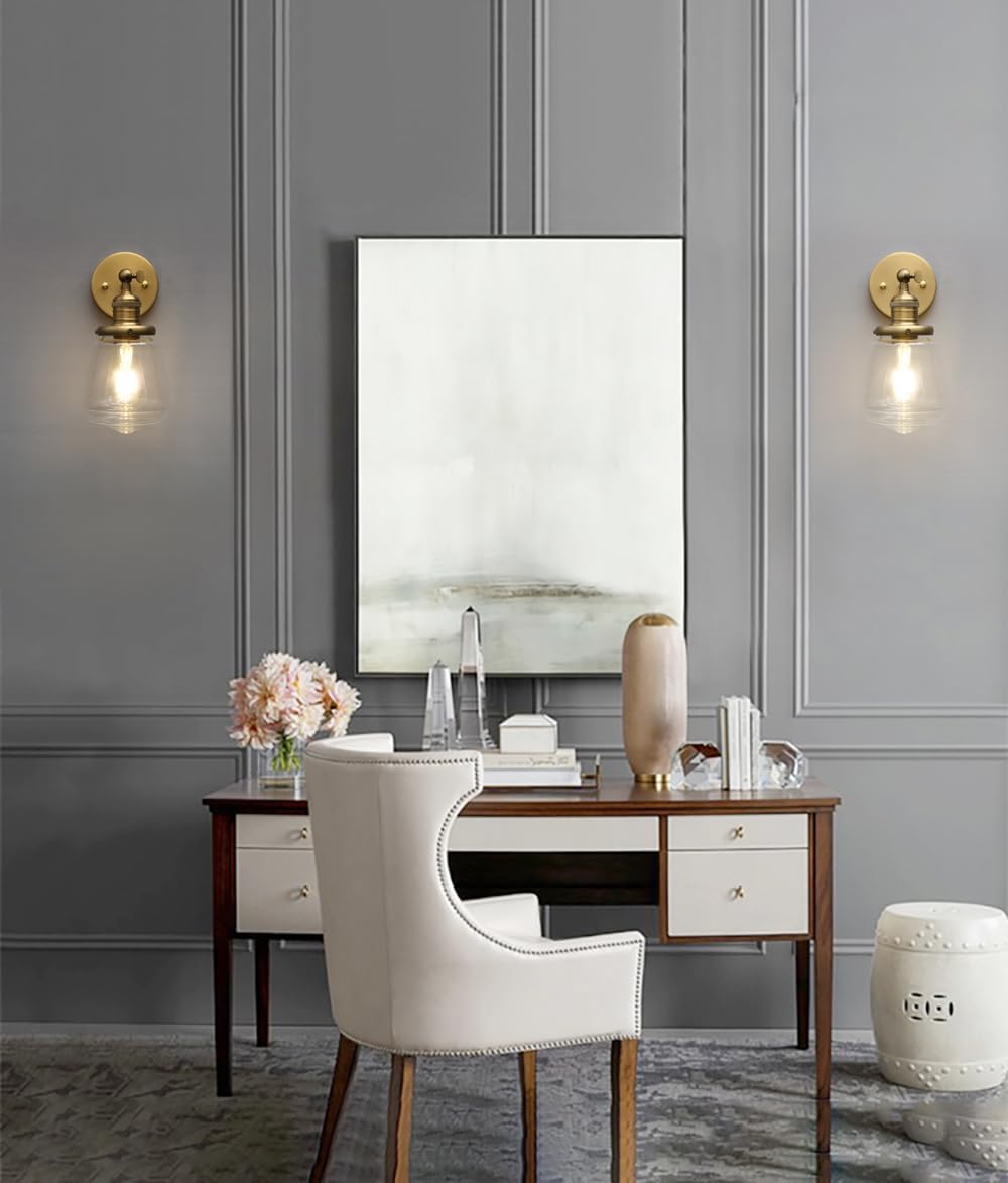 Phansthy Wall Sconces Light Fixture Industrial Wall Lamp, 180 Degree Adjustable Bathroom Vanity Light, Wall Light with Glass Shade Wall Decorative Lighting for Kitchen Living Room Hallway (Antique)