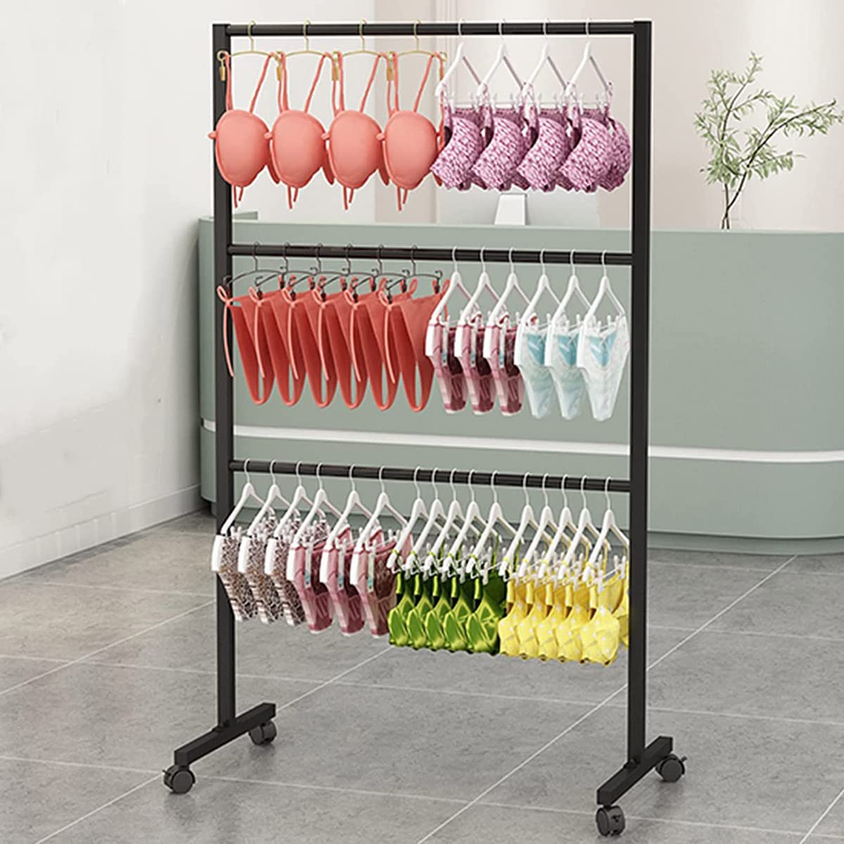 Soporte de exhibición de 3 niveles con ruedas para bufanda, ropa interior, sujetador, toalla, organizador de ropa, estante móvil para tienda minorista