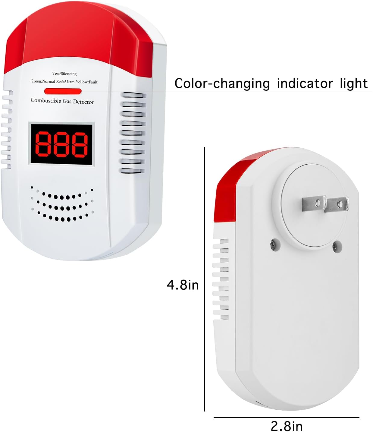 Side view of the AOTIQUAL gas detector showing its dimensions (4.8 inches height, 2.8 inches width) and the two-prong AC plug.