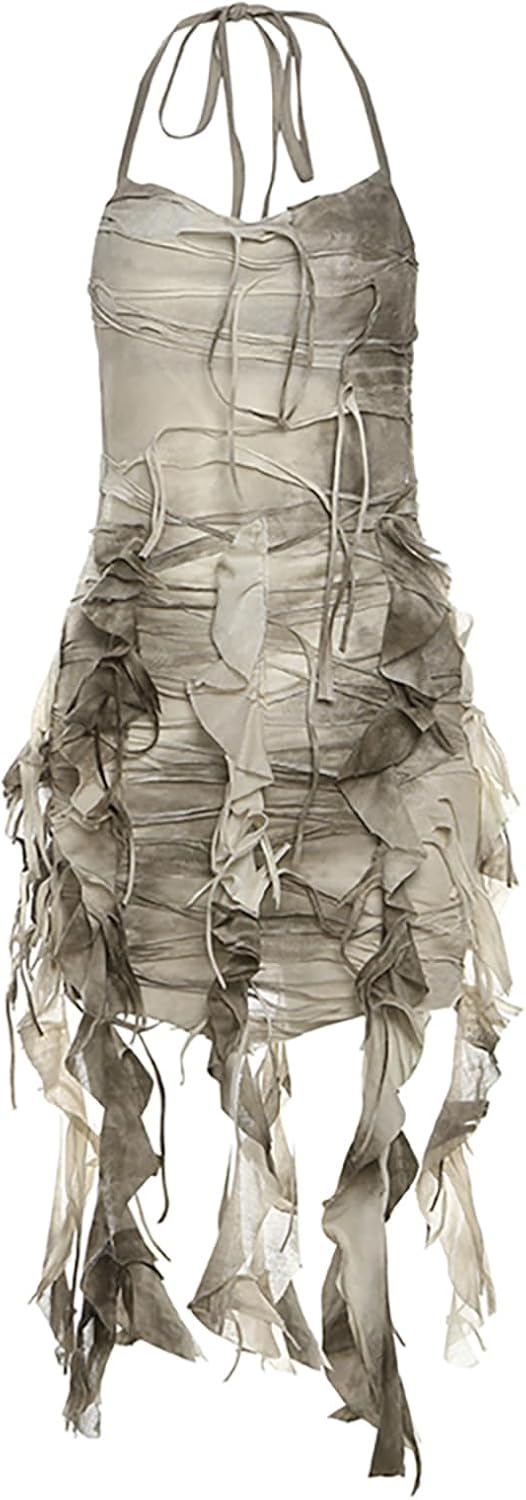 Sleeveless Dress for Women Y2k Wasteland Rogue Medieval Tie Back Dress V Neck A-Line Mini Dresses Streetwear Fashion