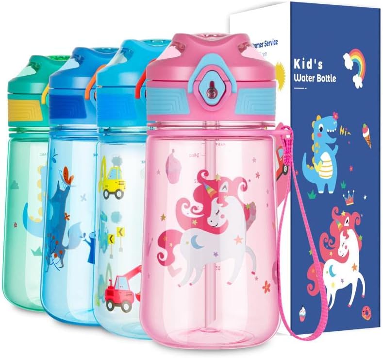 Bobicon Kids Water Bottle with Straw, Child Water Bottle 420ml, BPA Free Tritan Leak Proof Cute Bottle, Easy Clean Carry Strap for Outdoors