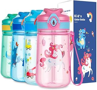 Bobicon Kids Water Bottle with Straw, Child Water Bottle 420ml, BPA Free Tritan Leak Proof Cute Bottle, Easy Clean Carry Strap for Outdoors