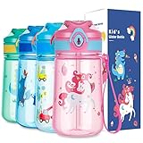 Botella de Agua Niños, 420ml Reutilizable Tritan Plástico sin BPA Botella Agua Niños a Prueba de Fugas, con Pajita y Marcador, para Aire Libre Escuela, Deportes (Rosa, Unicornio)