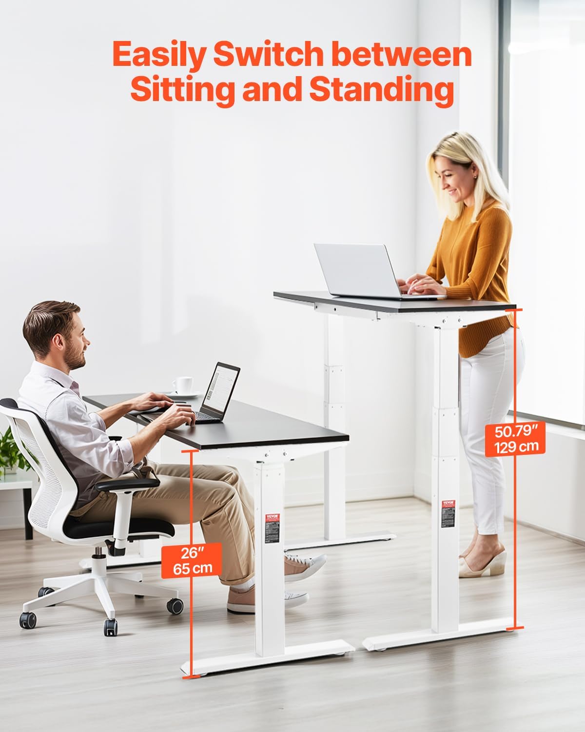 VEVOR Standing Desk Frame dimensions and specifications diagram.