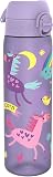 Ion8 Water Bottle, 500ml/18oz, Slim Leak Proof & BPA-Free Drinking Bottle, Secure Lock Prevents Spills, Dishwasher Safe, Carry Handle, Ideal for Adults & Kids - Travel, Gym & School, Purple, Unicorns - 1