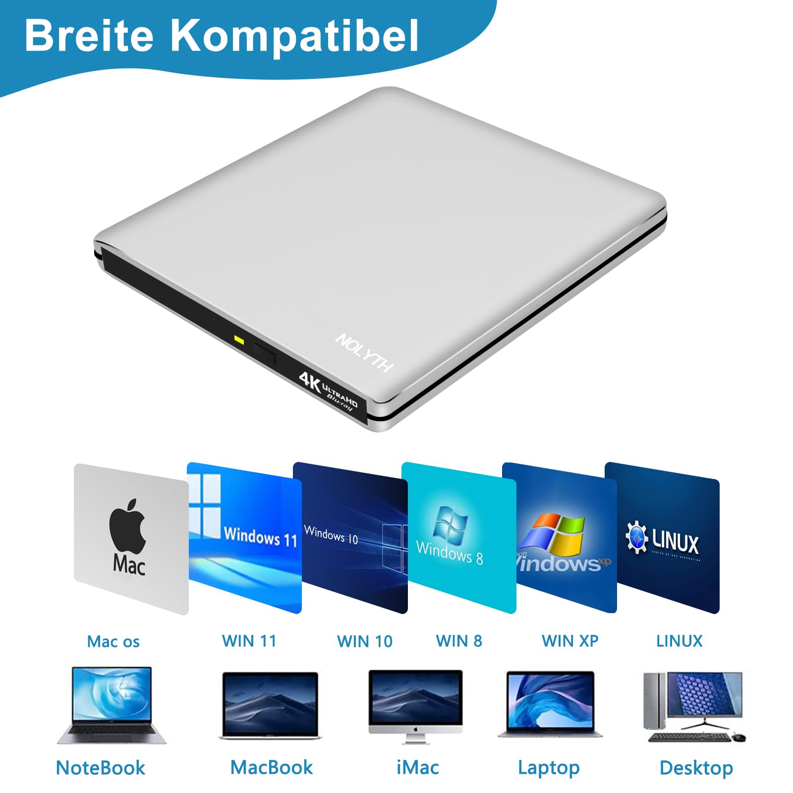 Unidad externa de Blu Ray: USB-C UHD 4K Bluray Drive externo portátil 3D BDXL Bluray grabadora externa para ordenador portátil PC Windows 11/10 Mac MacBook Air Pro funda aluminio