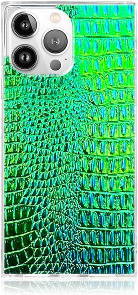 FLAUNT Official Square Protective Case - Compatible with iPhone 15 Pro - Wireless Charging - Stylish Drop Tested Shockproof Phone Case - (Green Iridescent Crocodile Faux Leather)