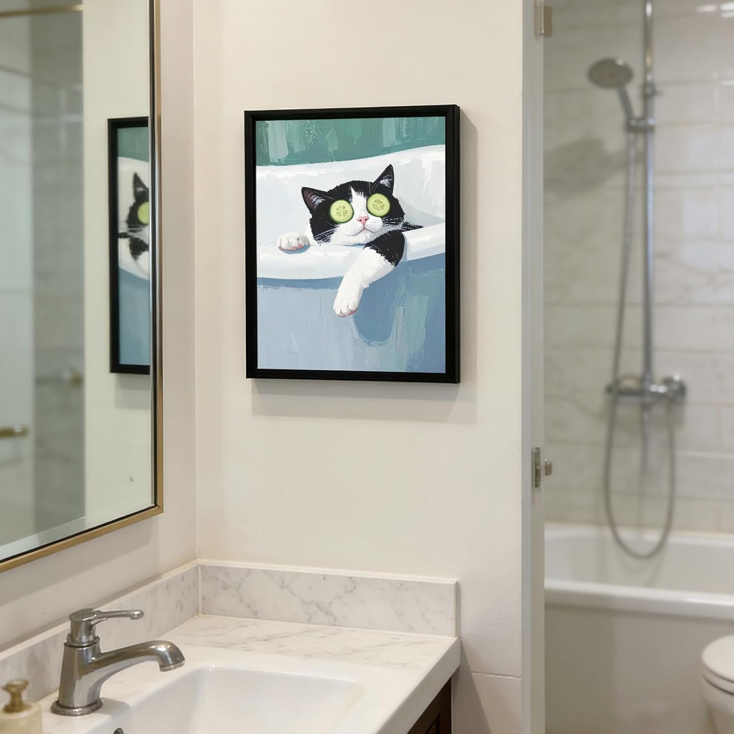 Kabcod Funny Black and White Cat Bathroom Wall Art, Modern Cute Cat in Bathtub Painting Wall Decor, Whimsical Animal Bathroom Poster, Humorous Animals Canvas Prints Pictures 12x16 inch