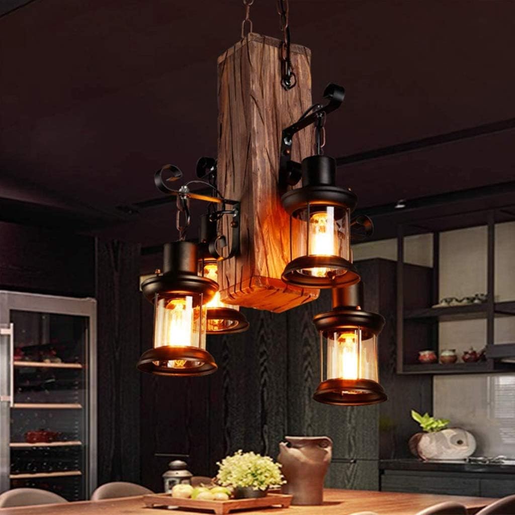 Lampadario Industriale Vintage In Legno 3 Luci E27: Sospensione Regolabile Per Bar, Ristoranti E Soggiorno (68x100 Cm)