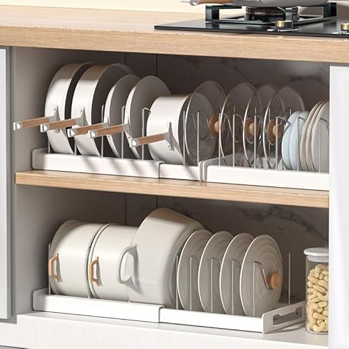 BRAVECOW Pan Lid Organizer 10 Adjustable Dividers Expandable Pot Lid Rack Storage Kitchen Drain Rack for Pots Pans Bakeware Drawer Cupboard (White) - Image 9