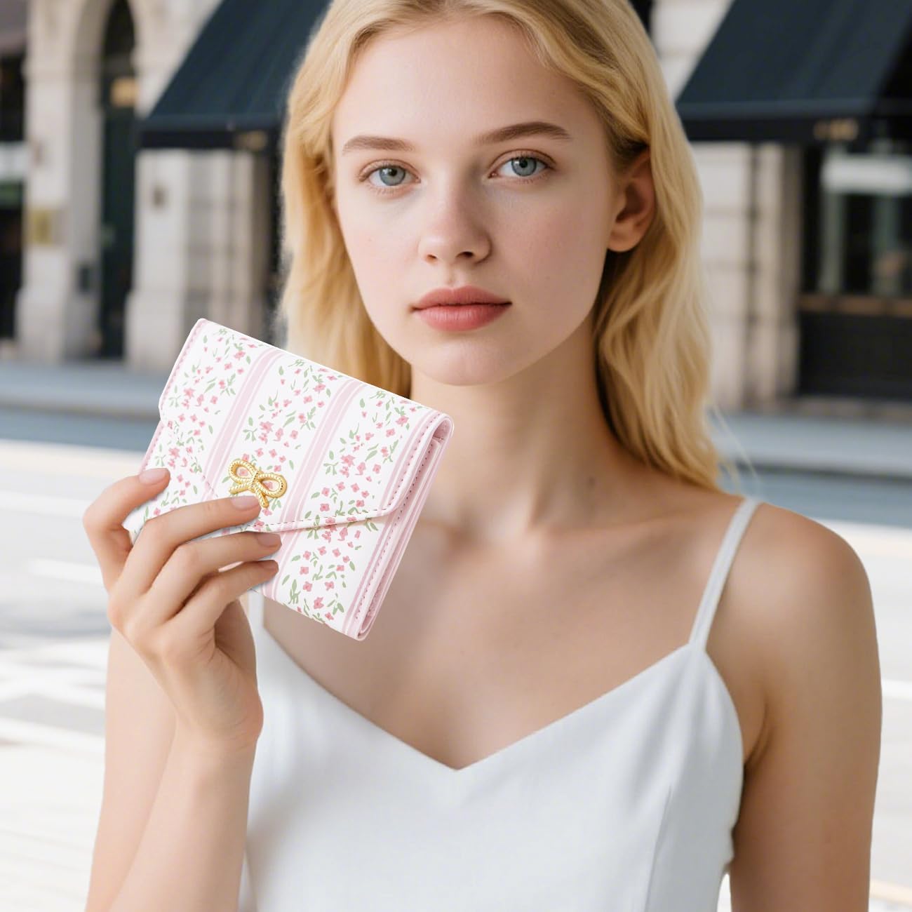 Small Zipper Wallet Floral Coquette Bow Wallet Cute Wallet ID 5 Credit Card Slots for Women Girls (PINK)