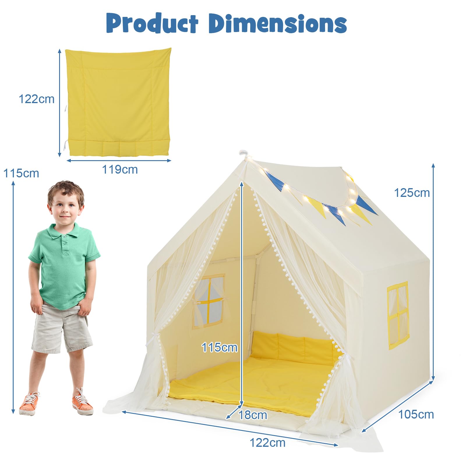 HOMASIS Kinderzelt für Indoor & Oudoor, Kinder Spielzelt mit Sternenlichtern & Matte & Fenster & Vorhang, Spielhaus Prinzessin für Jungen & Mädchen, Kinderspielhaus Tipi Zelt 121x105x125cm