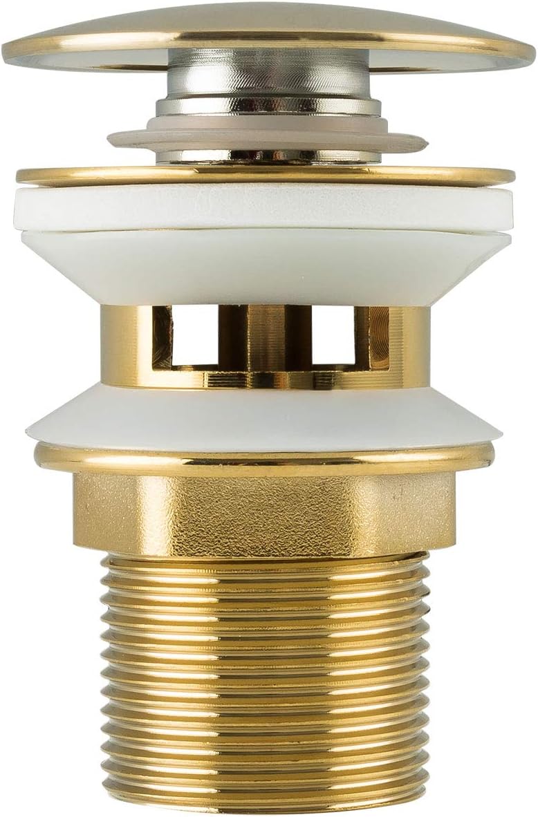 Basin Sink Waste Slotted Pop Up Click Clack Sprung Plug with Overflow for Bathroom Sink Tap Frap, Brushed Gold