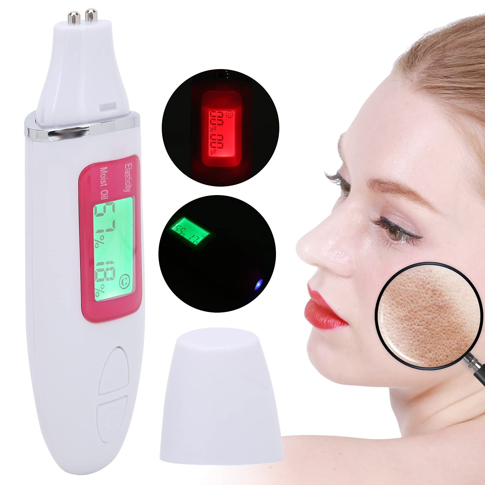 Testeur d'humidité de la peau, testeur d'humidité de la peau, écran LCD, analyseur de capteur d'huile et d'eau pour la peau du visage (blanc)