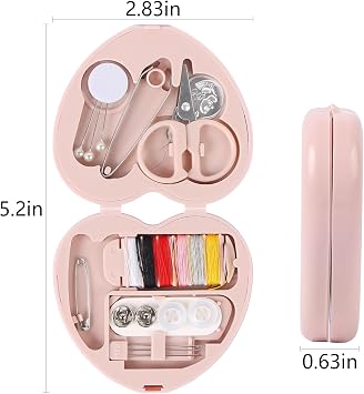 MIDELONG Heart Shaped Portable Travel Sewing Repair Kit - Mini Box with Threads, Scissors, DIY Hand Sewing Needles, Pink