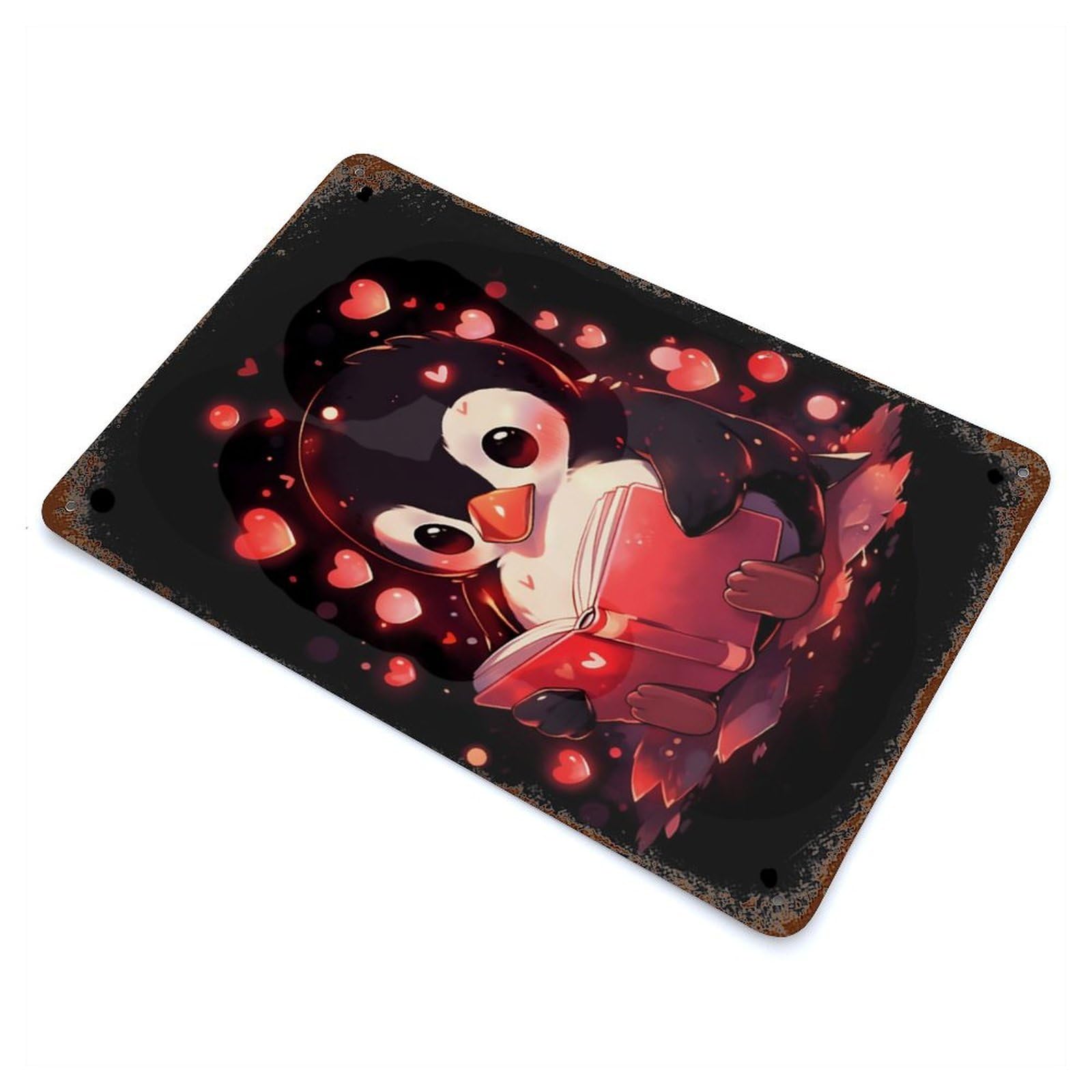 Rust Effect Penguin Hearts Books Vintage Rust Metal Sign 11.8"x7.9", Classic Wall Plaque for Shed, Workshop And Garage Wall Decor