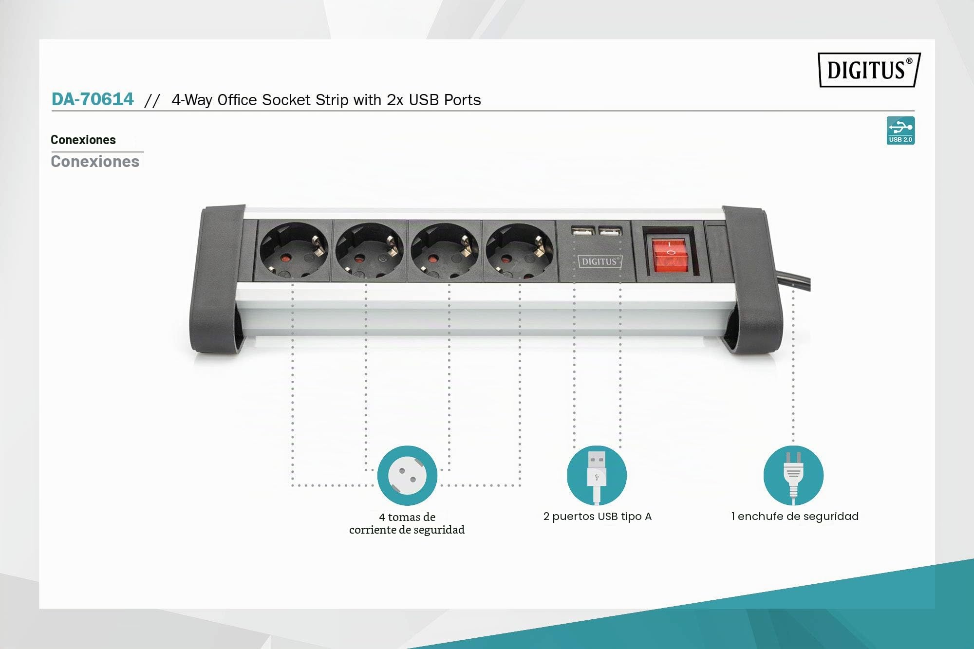 DIGITUS DA-70614-3 – Regleta con Cargador USB – 3 Unidades – 2 Puertos USB-A – 4 Tomas de Corriente con Contacto de protección – con Interruptor – para Escritorio y Montaje en Pared | 4 enchufes con protección de contacto, con interruptor, para escritorio