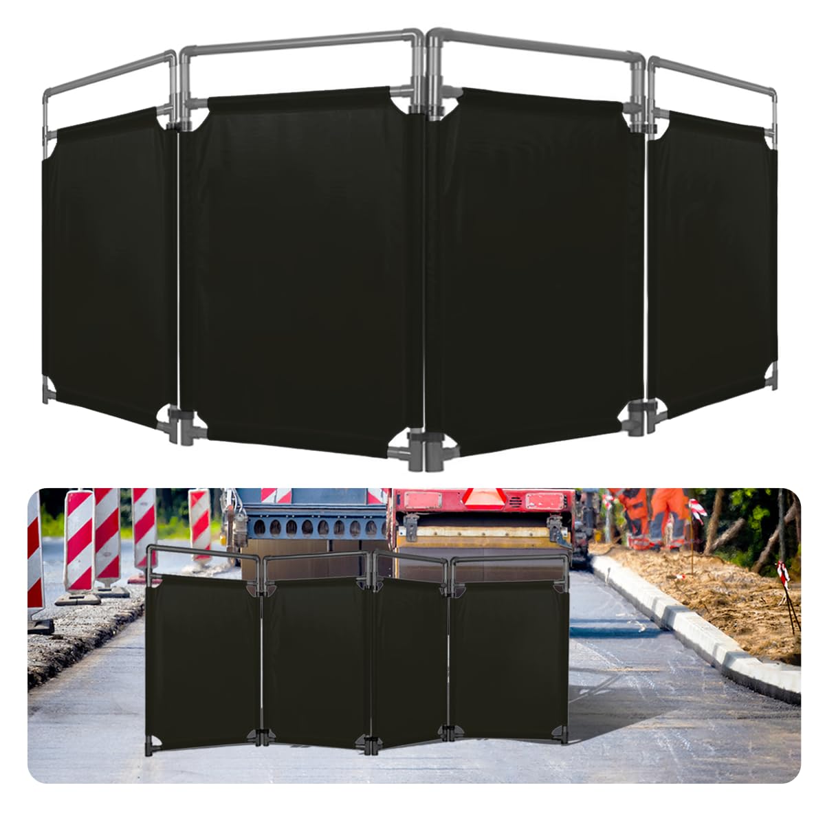 4 Panels Safety Barricade, 7.8FT Removable Foldable Security Gates Barrier with Heavy Duty PVC Frame, Black Color Easier to Identify, Barricade for