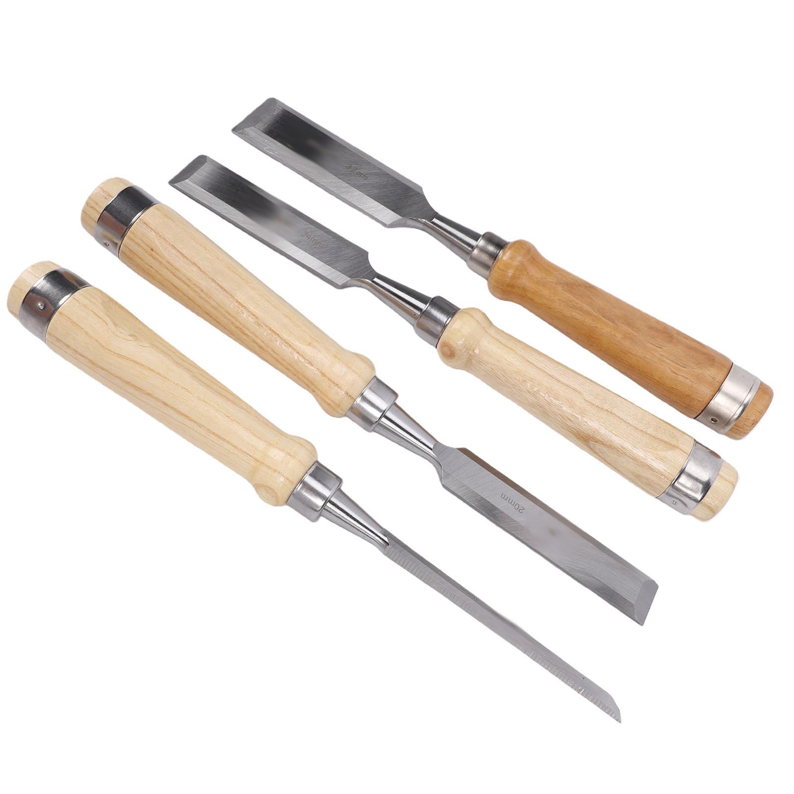 Jeffergarden Jeu de Ciseaux à Bois 4 Pièces avec Lames de 10 20 24 32mm, | Manche en Frêne, Acier allié 60crv, Biseau à 25 Degrés, Protège-lames, Sculpture sur Bois Dur Résineux