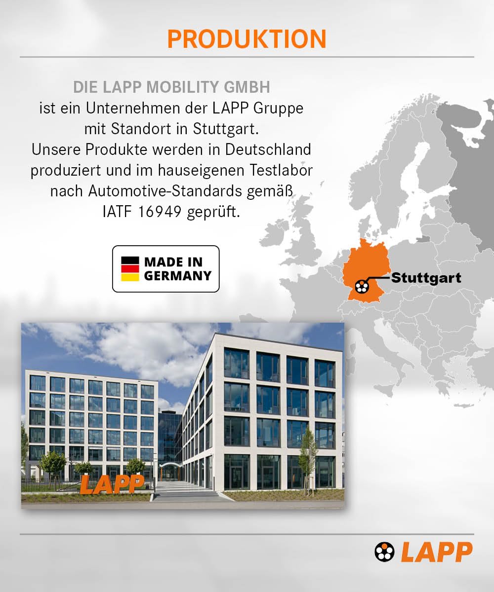 Lapp Mobility Typ 2 Ladekabel 11 KW, Orange, Buchse auf Stecker, Glatt, 20 A, 3-Phasig, E-Auto Ladekabel, Mode 3, 5m