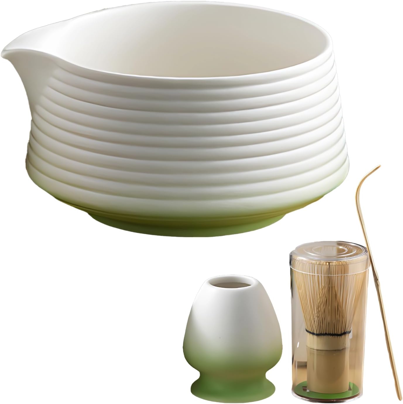 4-Piece Matcha Set, Ceramic Bowl 16.9 fl oz, Bamboo Whisk, Holder & Scoop, Gradient Green, Tea Ceremony Gift