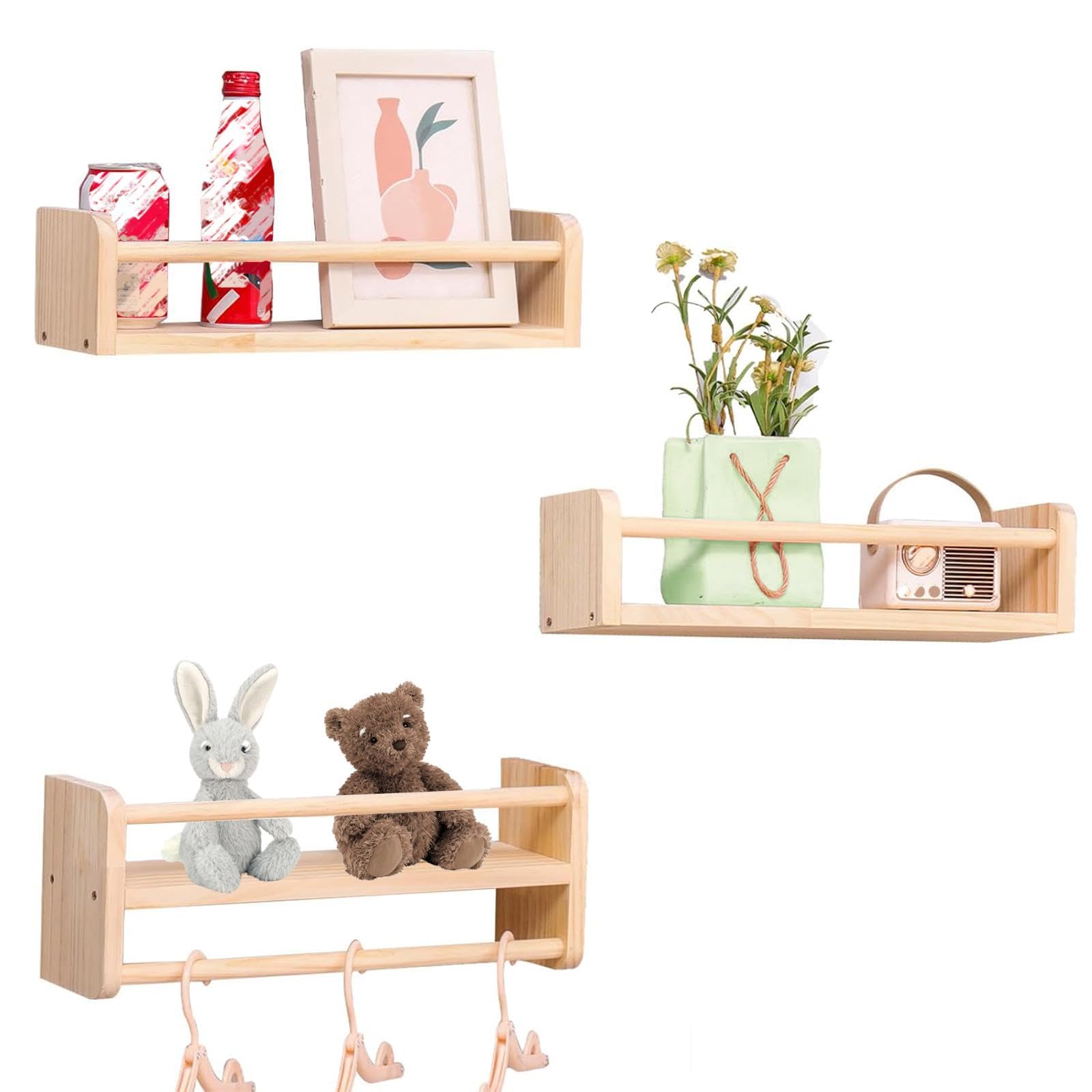Nursery Shelves Baby Floating Shelves - Set of 3 Nursery Shelves Wooden Baby Book Shelf, 40cm Kids Shelves for Bedroom Nursery Decor, Wall Mounted Children's Bookshelf Toy Display for Kindergarten — image 1