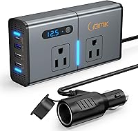 BMK 200W Car Power Inverter DC 12V to 110V AC Dual Outlets 4 USB Ports QC3.0 Type-C Fast Charging Black