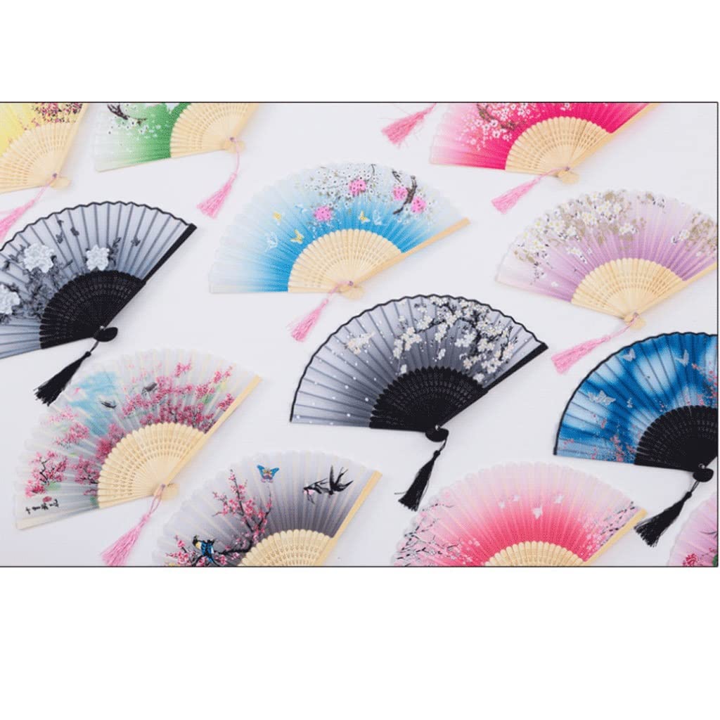 Abanicos plegables para mujer, abanicos de mano plegables para mujer, abanicos de mano plegables florales con manga de tela, abanicos chinos japoneses vintage de seda de bambú para baile, abanico