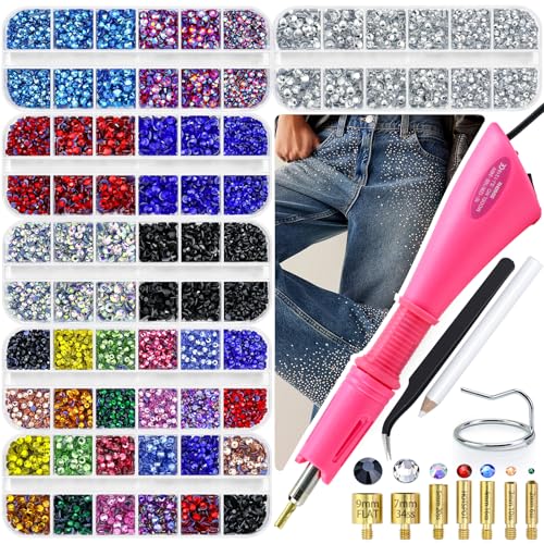 Briskbloom Hotfix Rhinestones Applicator Kit with 11000PCS Hot Fix Crystals 3mm 4mm 5mm, Bedazzler Kit with Rhinestones 10SS 16SS 20SS for Blinging Clothes Fabric, 3 Gems Sizs, Multi-Colors