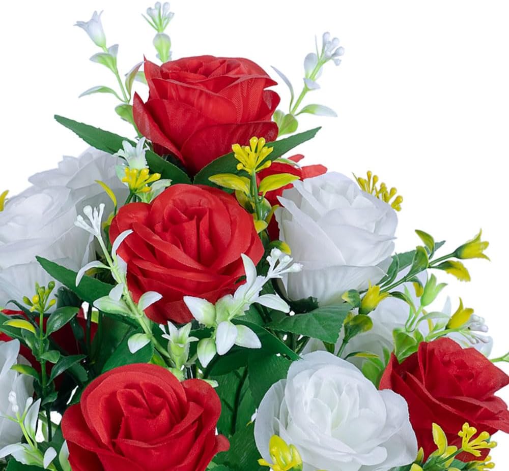 DONODA 2 Sets of Artificial Cemetery Flowers， Outdoor Grave Decorations Roses，Accompanied by 2 Long Nail Vases，Lasting and Non-Bleed Colors. (18 Heads (red+White))