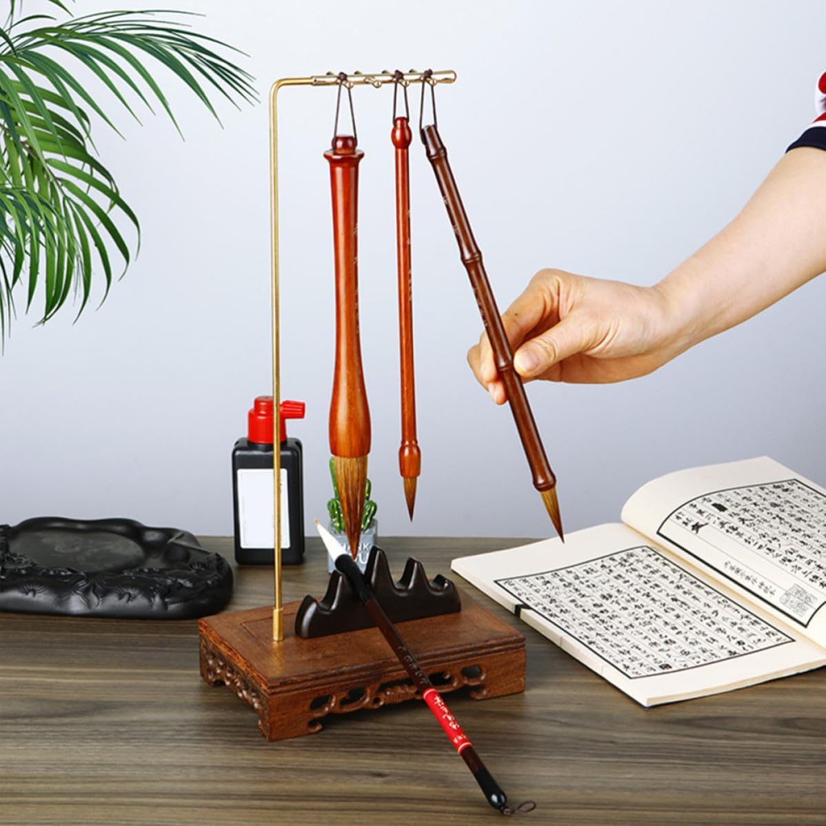 Mikinona Xmas Calligraphy Brush Holder Hanging Brush Rack Desktop Wooden