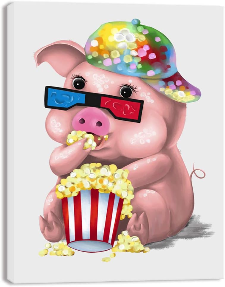 WELMECO Cute Pink Pig Canvas Wall Art Digital Piggy Carton Painting Animal Giclee Prints Wall Decor Poster Ready to Hang for Home Kids Bedroom Office Wall Decoration