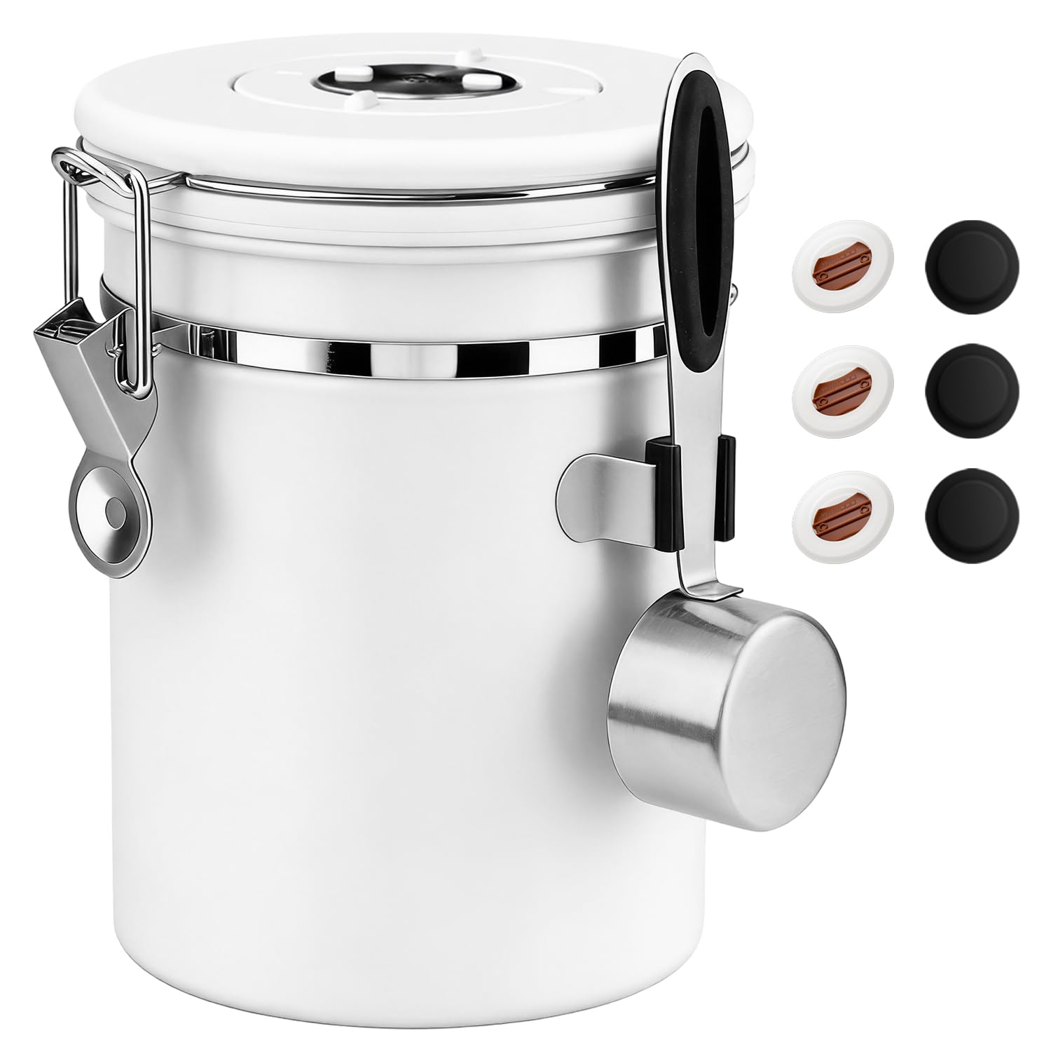 ShanSon Coffee Canister Airtight, Stainless Steel Bean Storage Container with Date Tracker &amp; Scoop, Grounds Sugar Flour Tea Cereal Fits Kitchen Pantry, Ideal Gift for Coffee Lovers,22oz, White