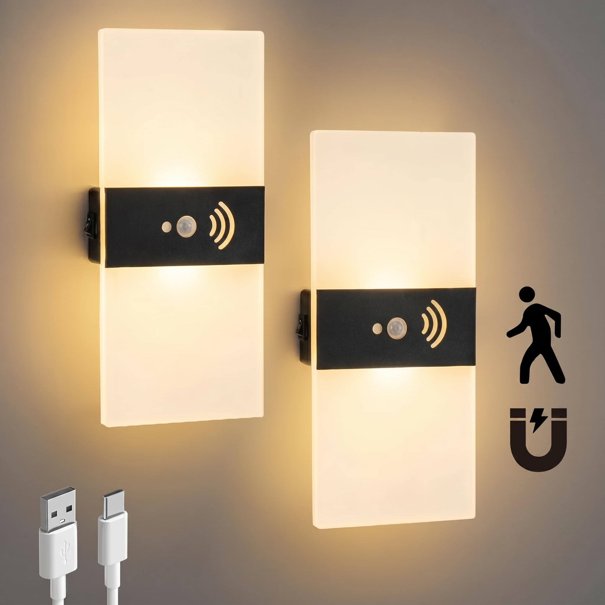 Wandleuchte mit Bewegungsmelder, 2 Stück | 4000mAh Akku Wandleuchte Innen, Ohne Stromanschluss USB Aufladbare mit Schalter,Warmweiß, für Flur Wohnzimmer Schlafzimmer