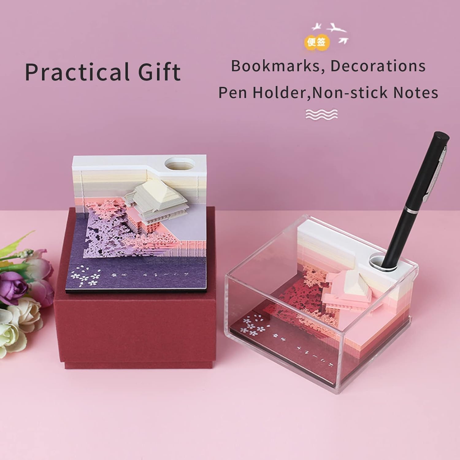 3D Notizblock Kiyomizu Tempel Haftnotizen 150 Blatt Memoblock Papier Kunst 3D Notizblock Notizblöcke Für Kind Liebhaber Freunde Frau Student Geschenke, Purple, L